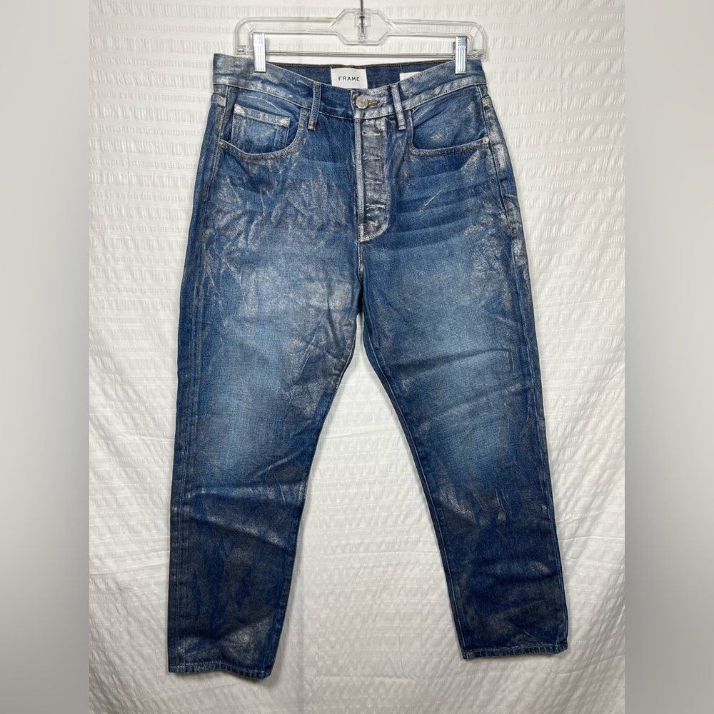 Frame Le Original Blue Jeans ButtonFly HighRise Straight Silver Coated Size 28